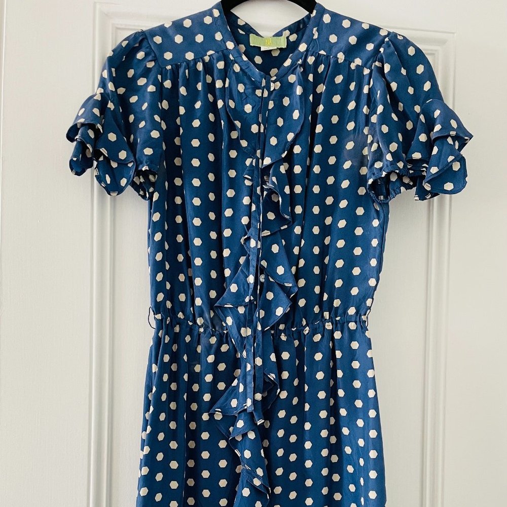 Polka dot (blue and white), brushed silk dress, size 2. Like New.